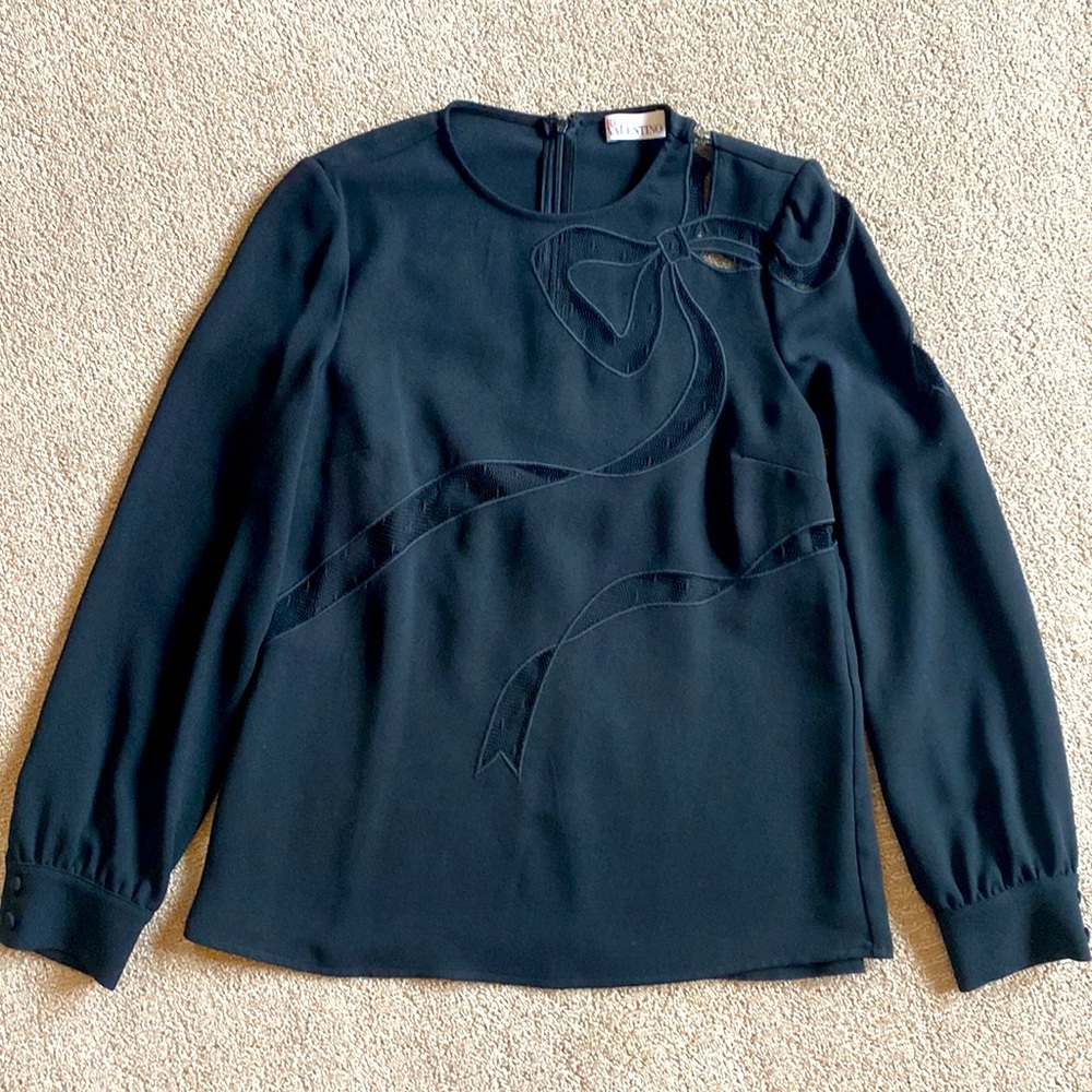 Red Valentino Crepe Mesh Bow Cutout Blouse